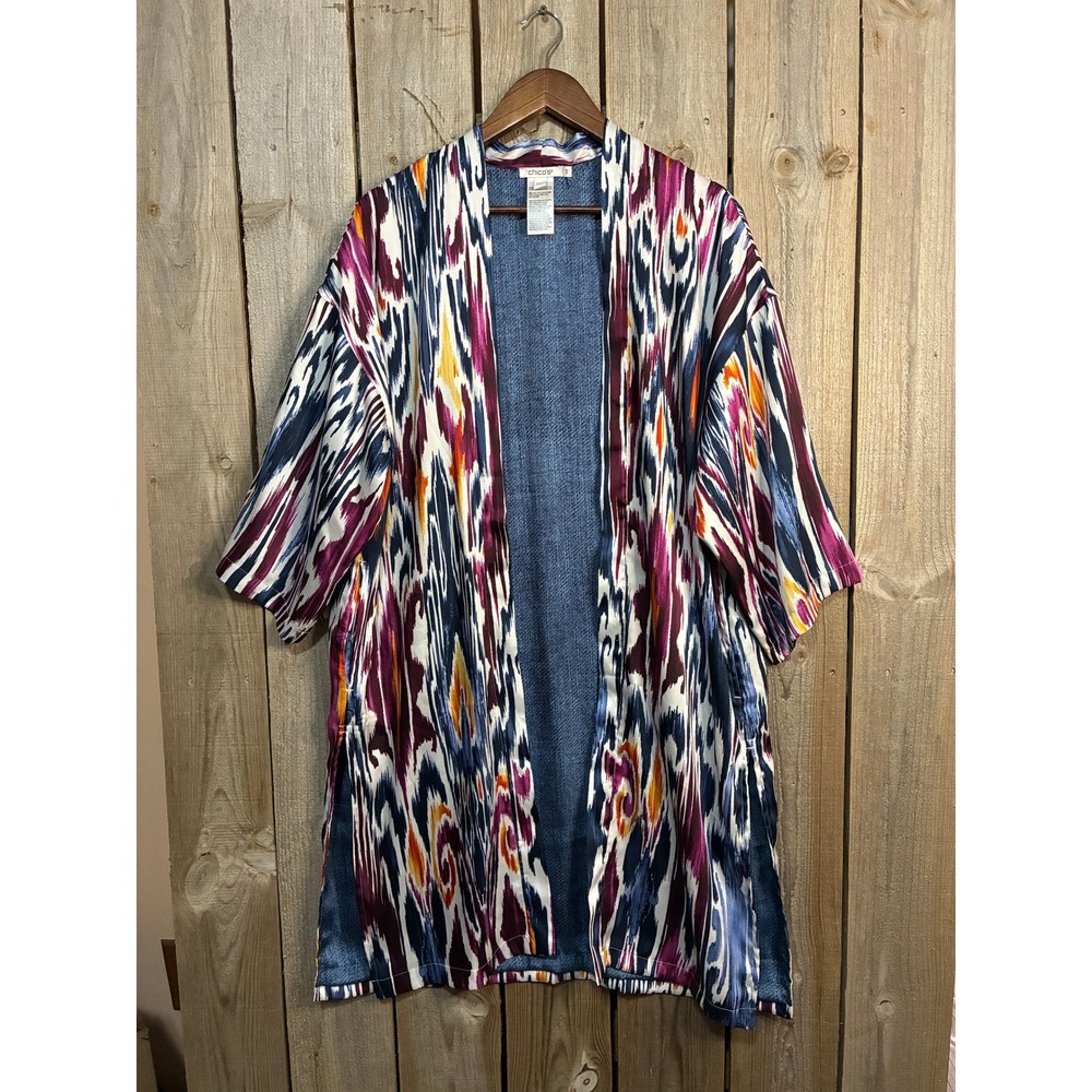 Chicos Womens Ikat Print Open Front Kimono Wrap Multi‎ Color Blue Purple S/M